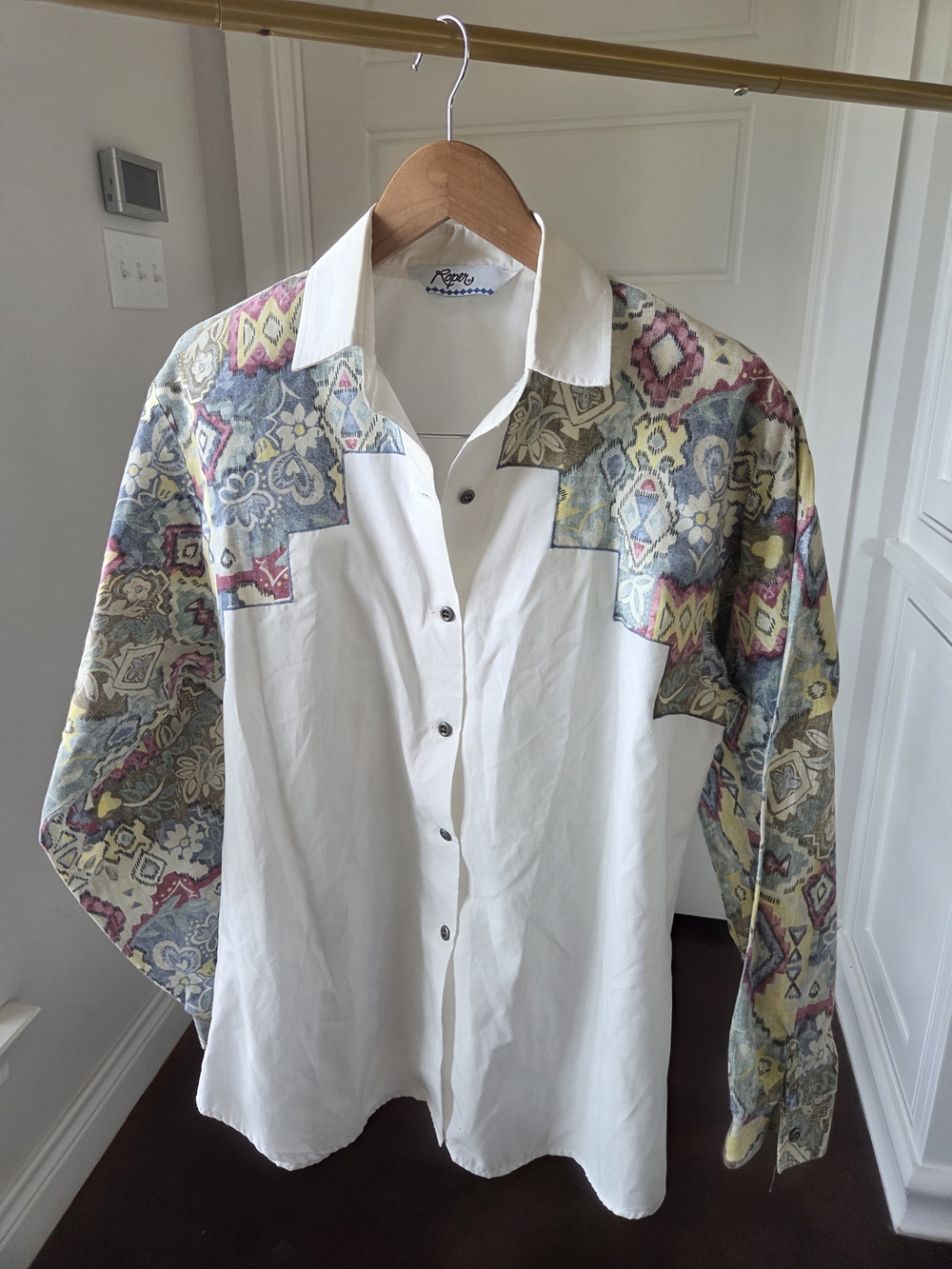 Vintage Roper White Button-Down with Multicolor Patterned Yoke and Sleeves